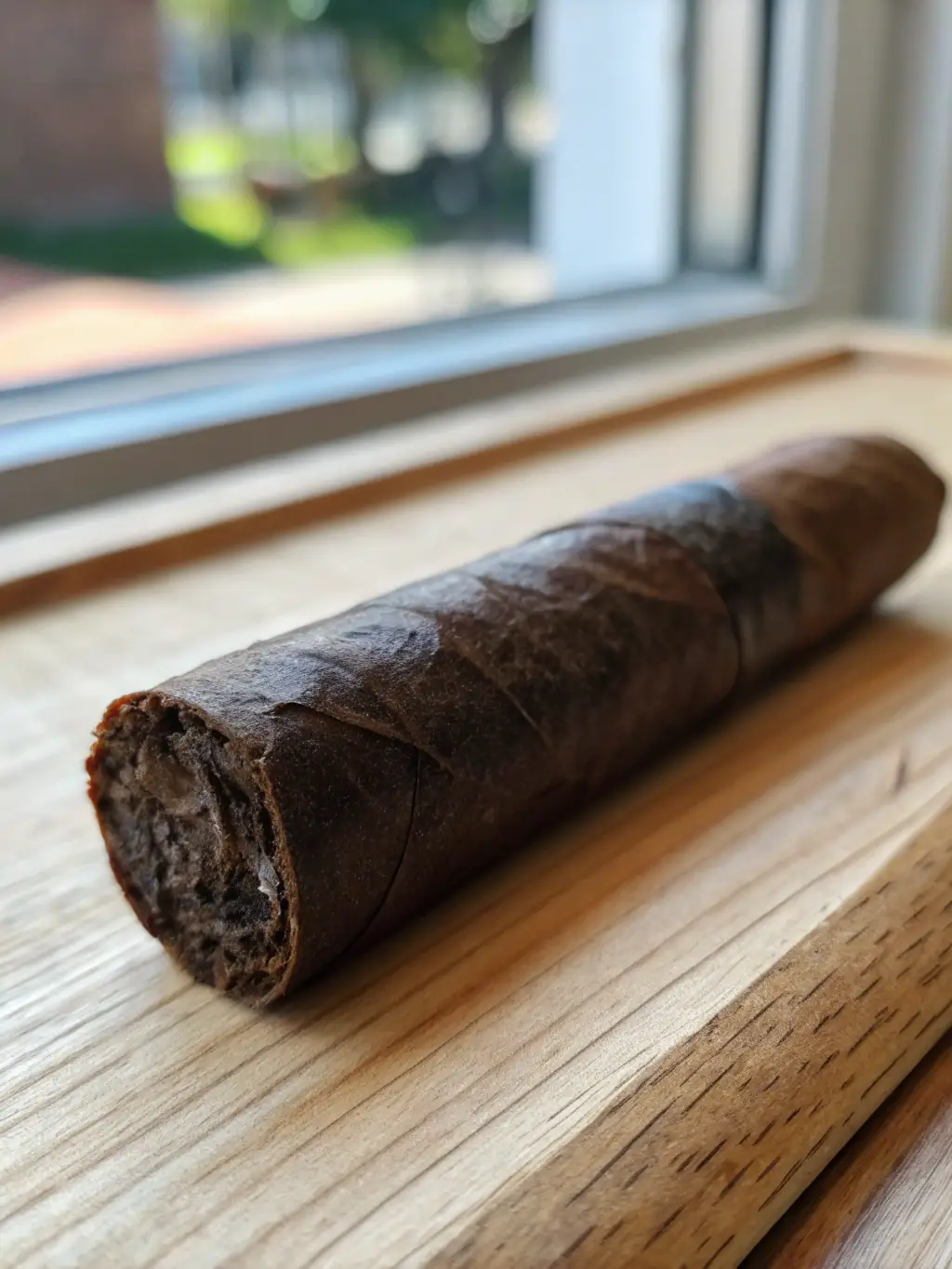 Close-up shot of a perfectly constructed Robusto cigar, showcasing its smooth wrapper and even burn line, resting on a cedar plank.
