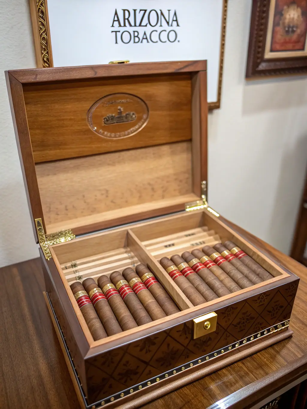 A variety of different cigars in a humidor, showcasing the range of sizes, shapes, and wrappers available at Joal Cigar.